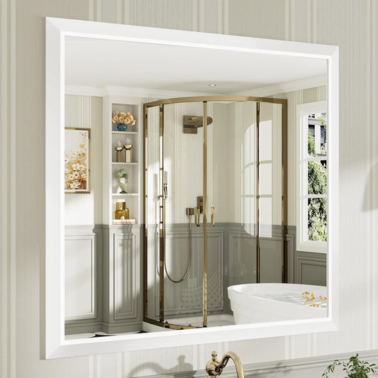 40x38 Inch White Bathroom Mirror for Wall, Thick Metal Framed Rectangle Mirrors for Over Sink, Bedroom, Living Room, Entryway, Anti-Rust, HD Tempered Glass