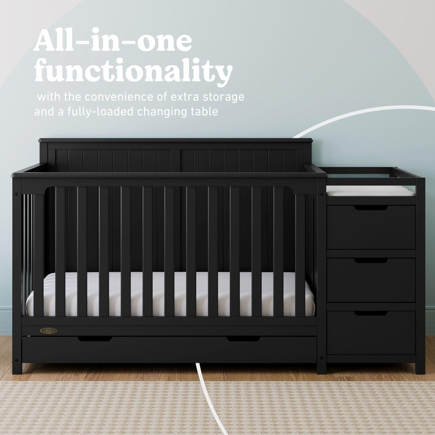 Graco Hadley All-in-One Convertible Crib & Changer (Black) – GREENGUARD Gold Certified, Fits Standard Crib Mattress, Converts to Toddler Bed and Full Bed, 4 Adjustable Mattress Heights