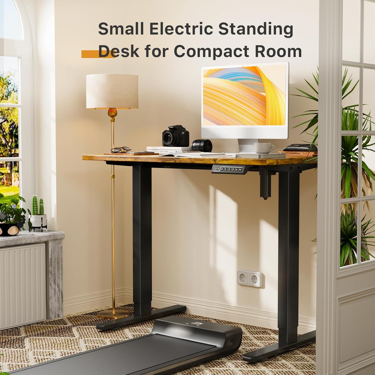 JOY worker Small Electric Standing Desk, 40" x 20" Whole Piece Height Adjustable Table with Memory Controller, Black Sit to Stand Desk Workstation for Home Office, Rustic Brown