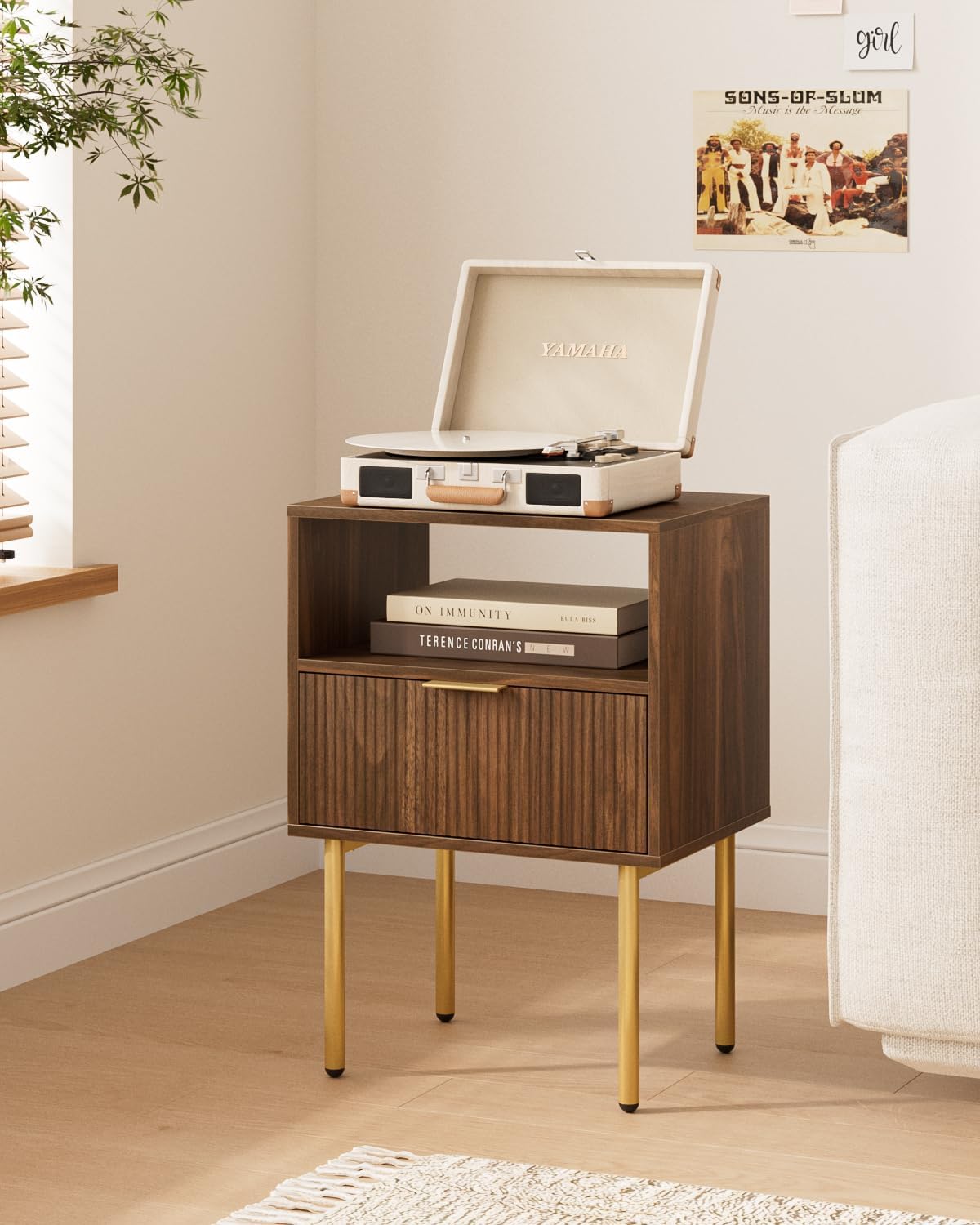 Nightstand,Small Bedside Table with Gold Frame,Morden Night Stand with 2 Drawer,End Table,Side Table with Drawer and Shelf for Bedroom,Living Room (Grey-1Drawer)