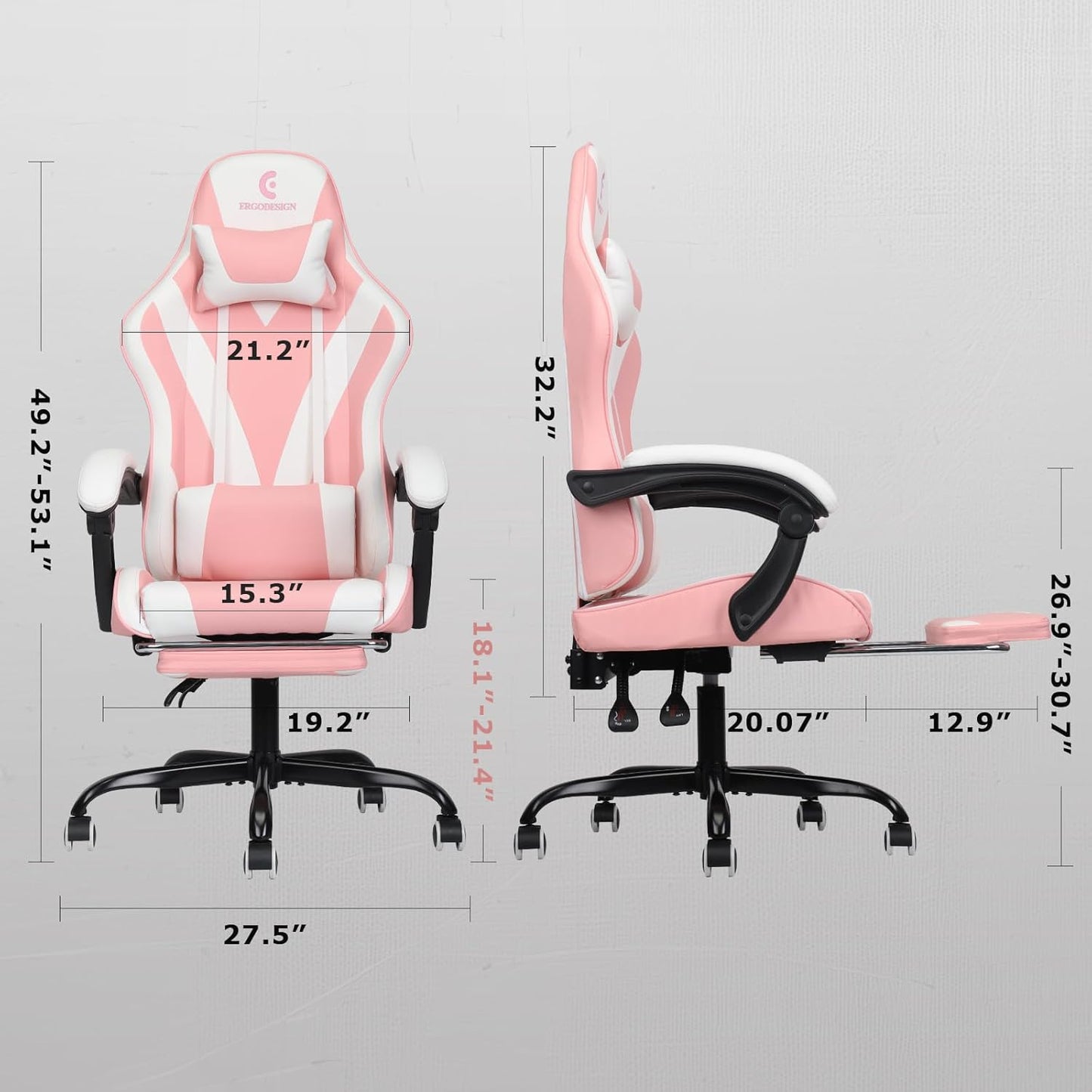 Gaming Chair with Linkage Armrest & Footrest, High Back Video Gaming Chair, Pink/White
