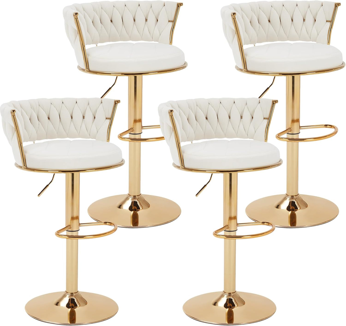 VECELO Bar Stools Set of 4, Modern Luxury Velvet Woven Counter Height Stools with Back and Arm, Gold Metal Leg & Base, 360 Swivel Bar Chair for Pubs Dining Room, White