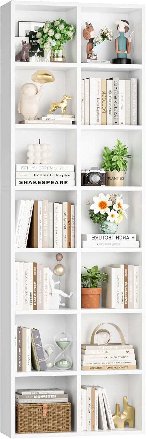 FOTOSOK 71'' White Bookshelf, Double Wide Media Tower Rack CD DVD Rack Display Cabinet with Adjustable Shelves, Tall Narrow Bookcase Bookshelf for Home Office, White