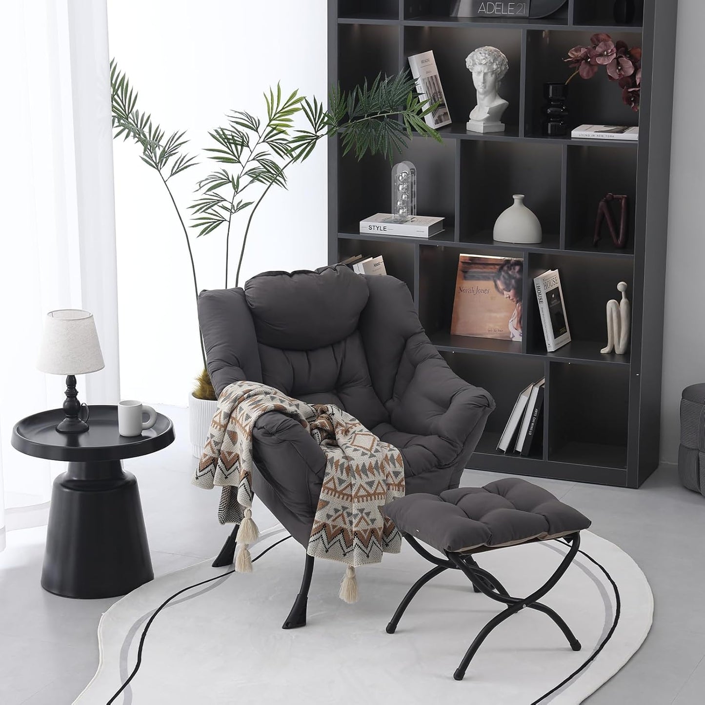 Lazy Chair with Folding Ottoman, Modern Accent Lounge Armchair with Armrests and a Side Pocket & Foldable Footstool, Leisure Reading Chair for Living Room, Bedroom, Dorm & Office, Dark Grey