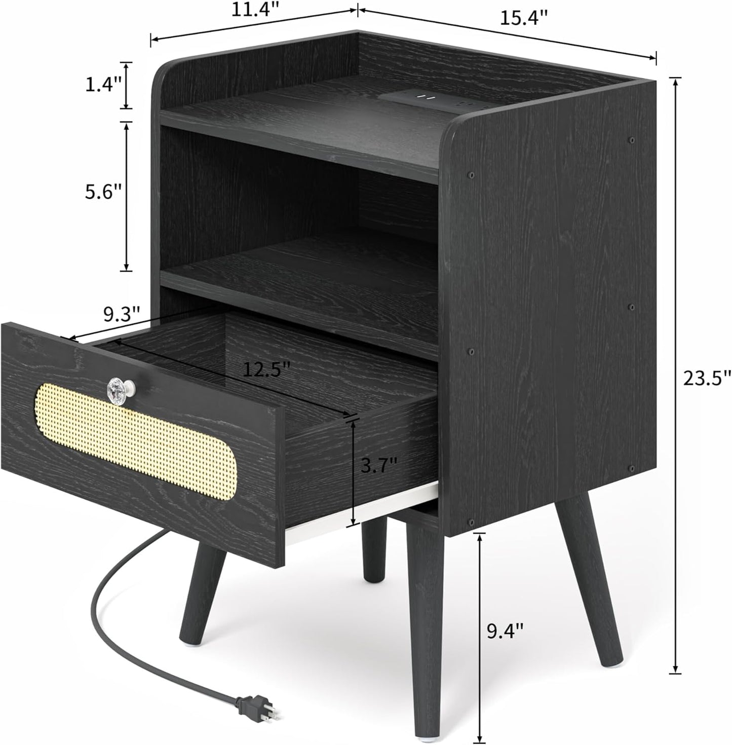 Diamond Décor End Table, Nightstand with Charging Station, Bedside Table with Solid Wood Legs, Black