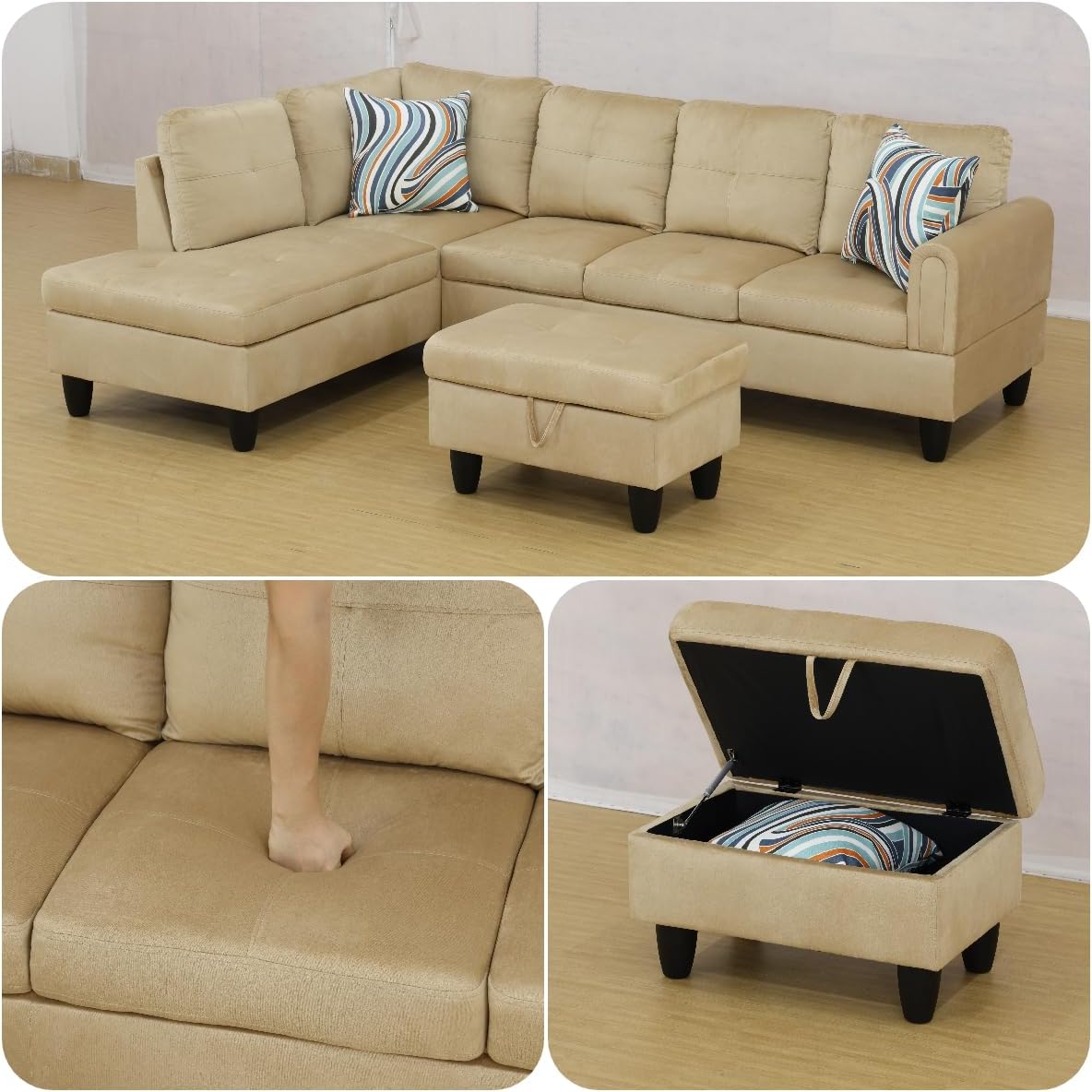 Modern Living Room Furniture Sets with Pillows, Modular Sectional Couches with Chaise Lounge, 4-Seaters L Shape Sofa with Storage Ottoman, for Living Room, Black