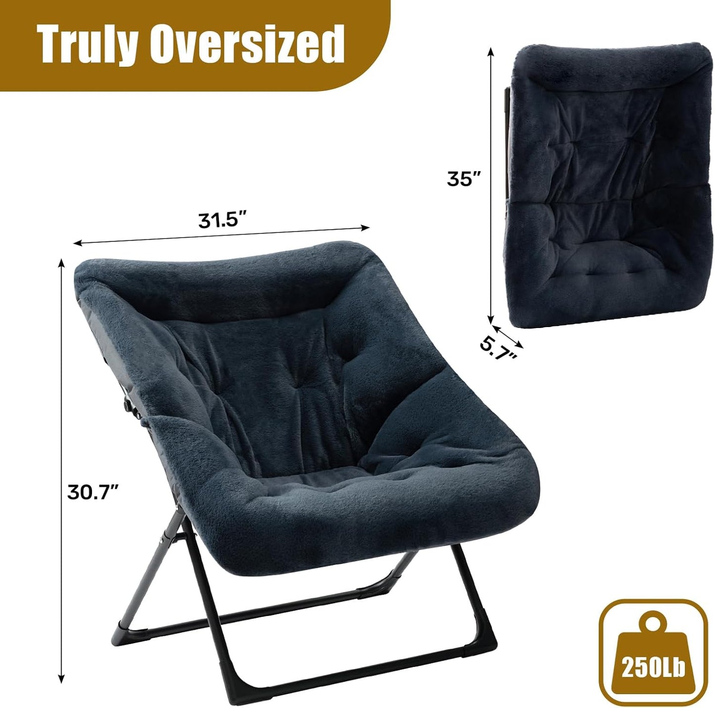 HollyHOME X-Large Saucer Chair, Comfy Oversized Folding Chair, Faux-Fur Reading Chair for Teens, Adults, Foldable Accent Lazy Chair, Metal Frame Lounge Chair for Living Room, Bedroom, Dorm, Navy Blue