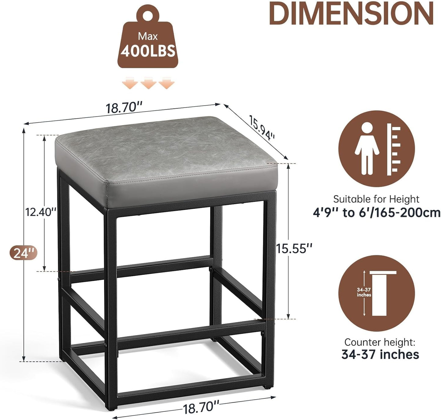 Counter Height Bar Stools Set of 2, 24" Barstools for Kitchen Countertop, Faux Leather Counter Stools with Thick Square Seats & Sturdy Metal Base, Simple Assembly, Gray