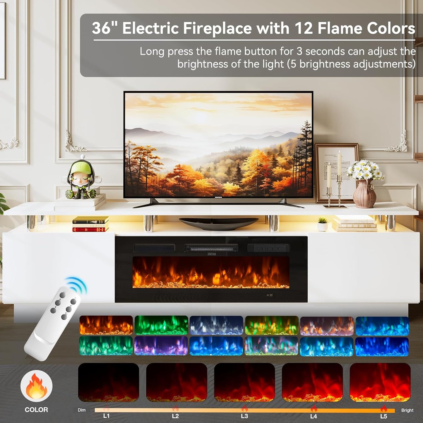 80" TV Stand & Media Console, Entertainment Center with Storage Shelves, Fits TVs up to 90", Modern Living Room Cabinet, 36" Electric Fireplace (White+Black)