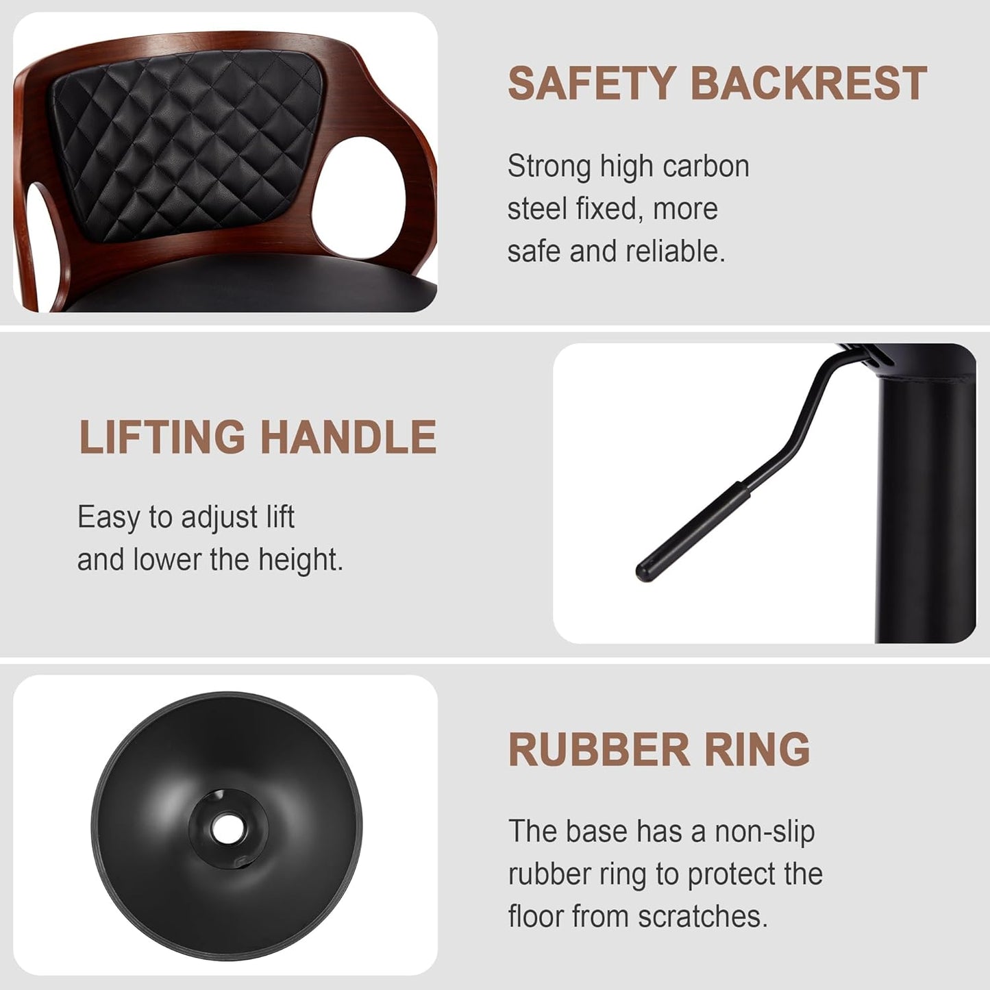 VECELO BarStools Set of 2,Counter Height Stools with Bentwood Back&Arm, Swivel Barstools,PU Leather Kitchen Island Stools, Adjustable Height Bar Chairs for Club Pub Dining Room,Black