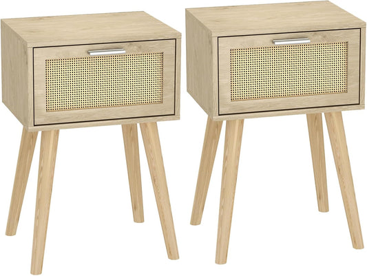 LAATOOREE Bedside Table Set of 2, Boho End Table with Solid Wood Feet for Bedroom and Living Room