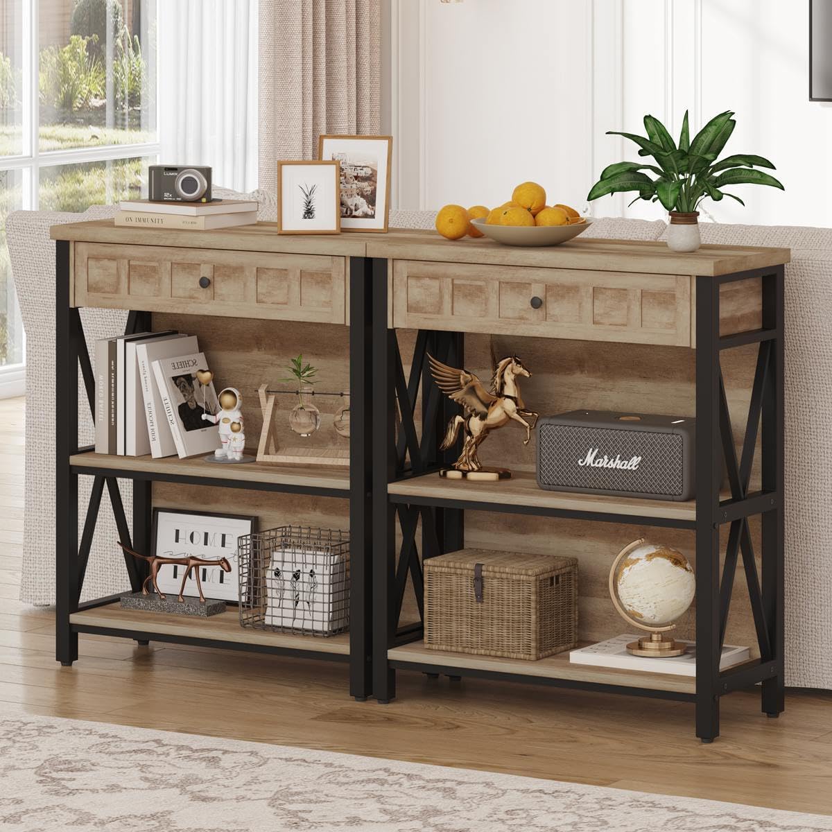 FATORRI Rustic Bookshelf with Drawer, Industrial Wood and Metal Bookcase, Small Short Book Shelf and Low Book case for Small Space (Rustic Oak)