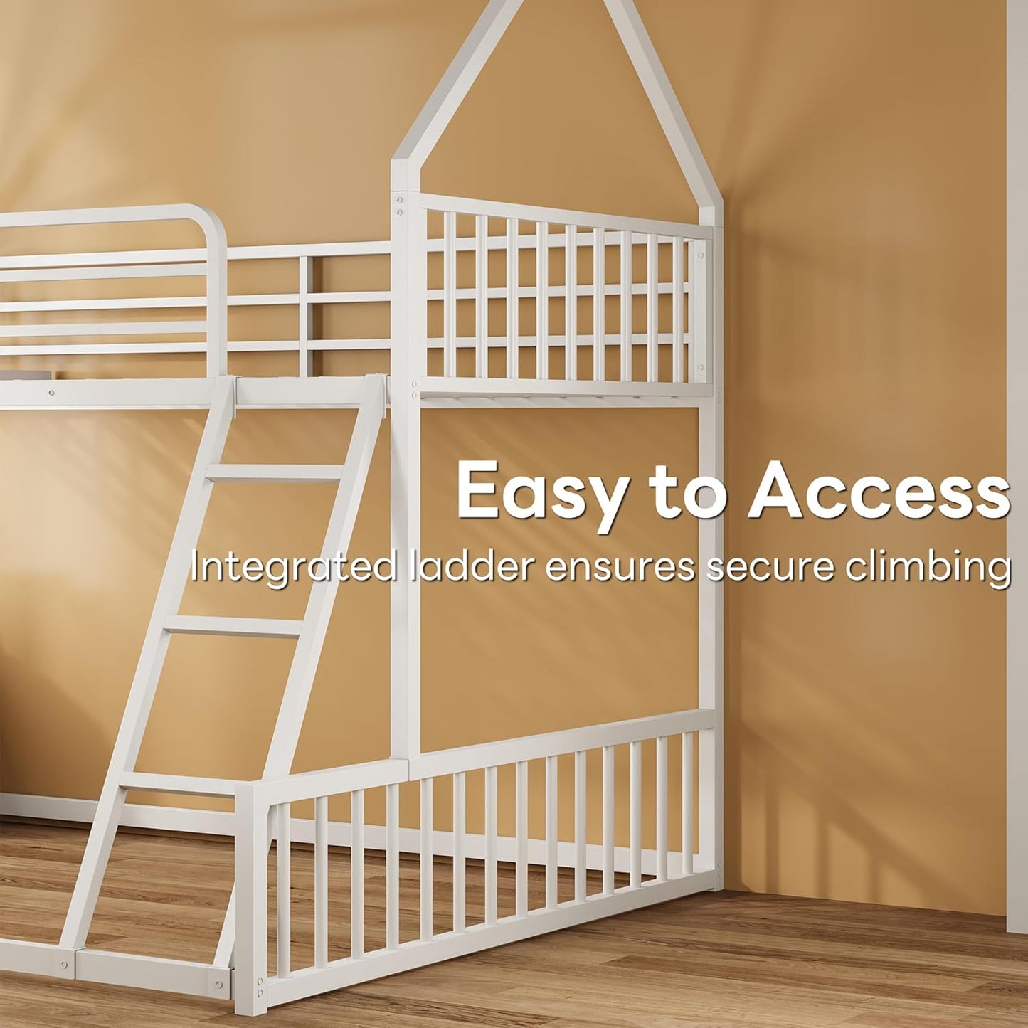 LIKIMIO Bunk Bed Twin Over Full Size, House Bunk Bed Frame with Ladder and Guardrail, House Shaped with Metal Slats Support No Box Spring Needed Space Saving for Bedroom and Dorm, White