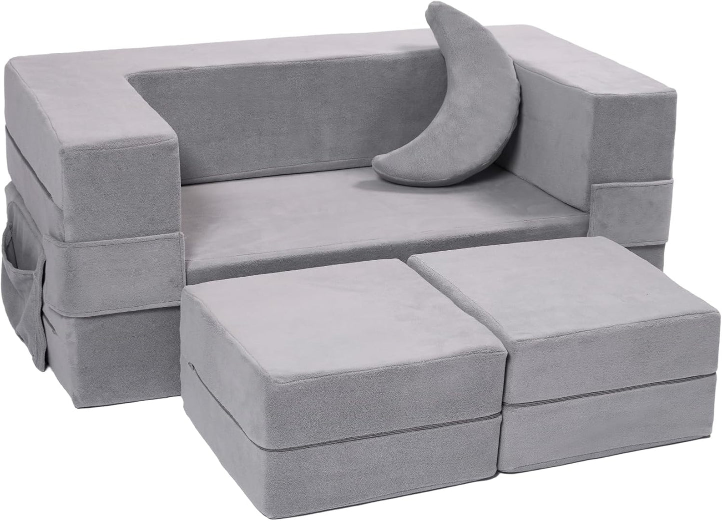 Modular Kids Sofa,Toddler Couch Foam Armchair for Kids, Children Convertible Plush Sofa Play Set,Fold Out SofaBed(Grey)