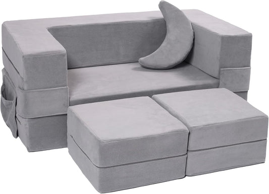 Modular Kids Sofa,Toddler Couch Foam Armchair for Kids, Children Convertible Plush Sofa Play Set,Fold Out SofaBed(Grey)