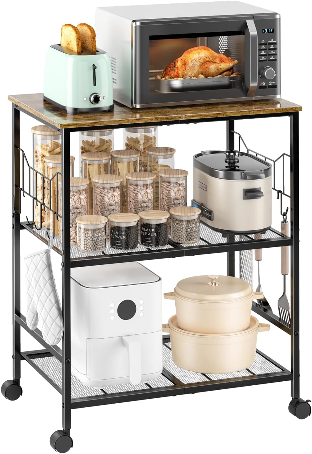 Rolling Kitchen Microwave Cart with Wheels, 3 Tier Microwave Storage Cart with Adjustable Shelves, Coffee Table, Utility Cart for Kitchen, Living Room, Office, Laundry Room