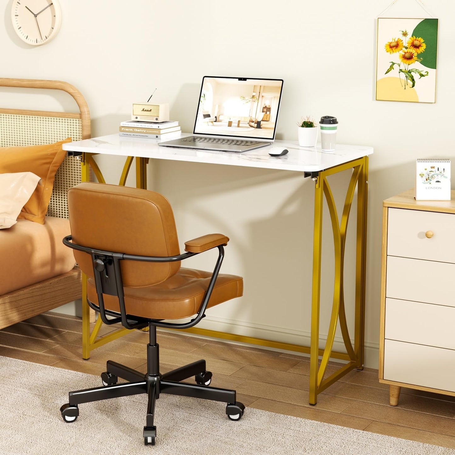 Folding Desk, 31.5" Small for Bedroom, Space Saving Foldable Computer Desk for Home Office, Easy Assembly, White and Gold