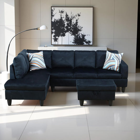 L Shaped Couch Modern Sectional Couch Upholstered Microfiber Fabric 3 Pieces Sofas for Living Room with Chaise, Storage Ottoman for Office and Small Apartment, Midnight Blue