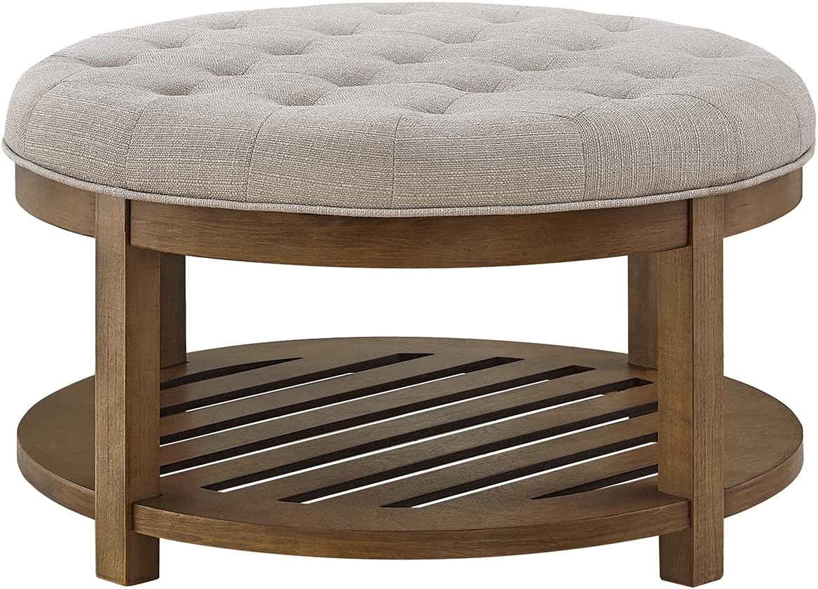 24KF Large Round Upholstered Tufted Linen Ottoman Coffee Table, Large Footrest Ottoman with Wood Shelf Storage-Iinen