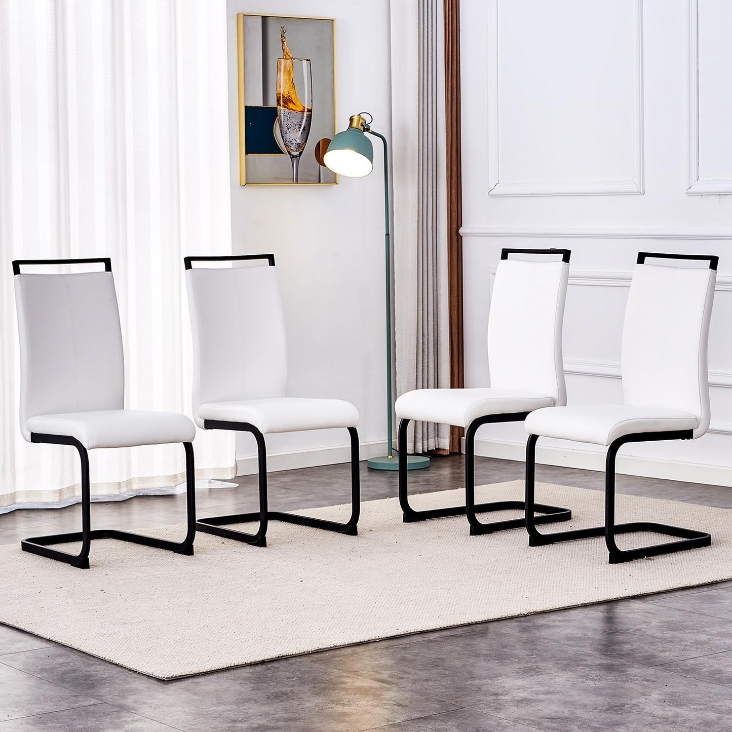 Modern Dining Chairs Set of 4,High Back Kitchen Chairs,Side Room Chair with Black Powder Coating Metal Legs,Easy to Clean Upholstered Dining Chairs,Ideal for Living Room(White Chairs)