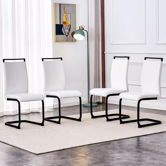 Modern Dining Chairs Set of 4,High Back Kitchen Chairs,Side Room Chair with Black Powder Coating Metal Legs,Easy to Clean Upholstered Dining Chairs,Ideal for Living Room(White Chairs)