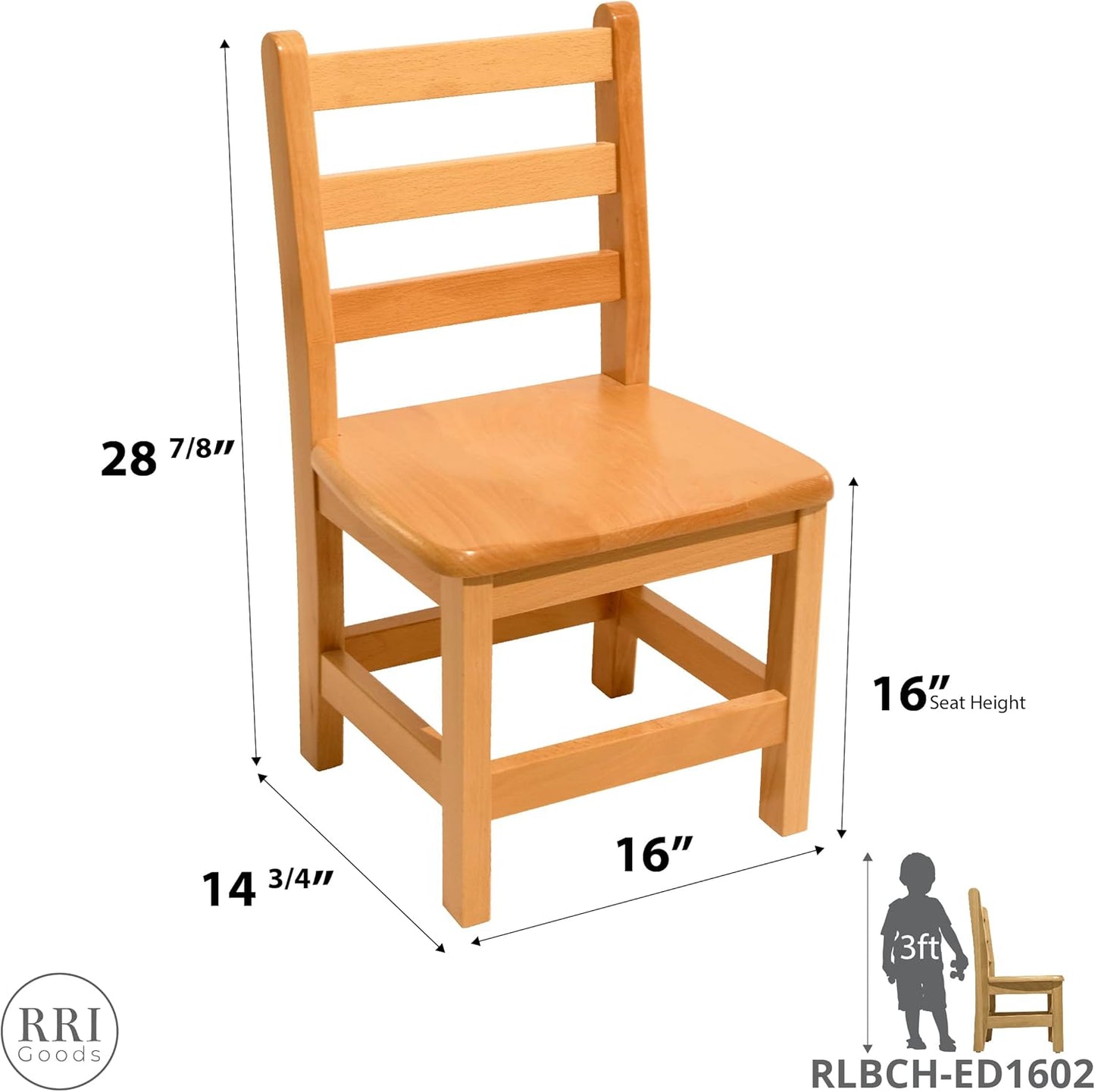 Kids Wooden Chair Set, Fully Assembled Youth Ladderback Wood Chairs for Children, 16" Seat Height for Ages 10-11 (Set of Two)