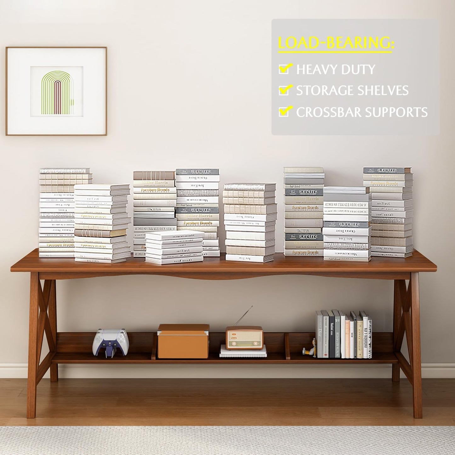 Extra Long Desk with Bookshelf - Wooden Home Office Work Study Table, 2-Person Writing Computer Workstation with Storage Shelf in Oak, 63" Wx20 Dx30 H