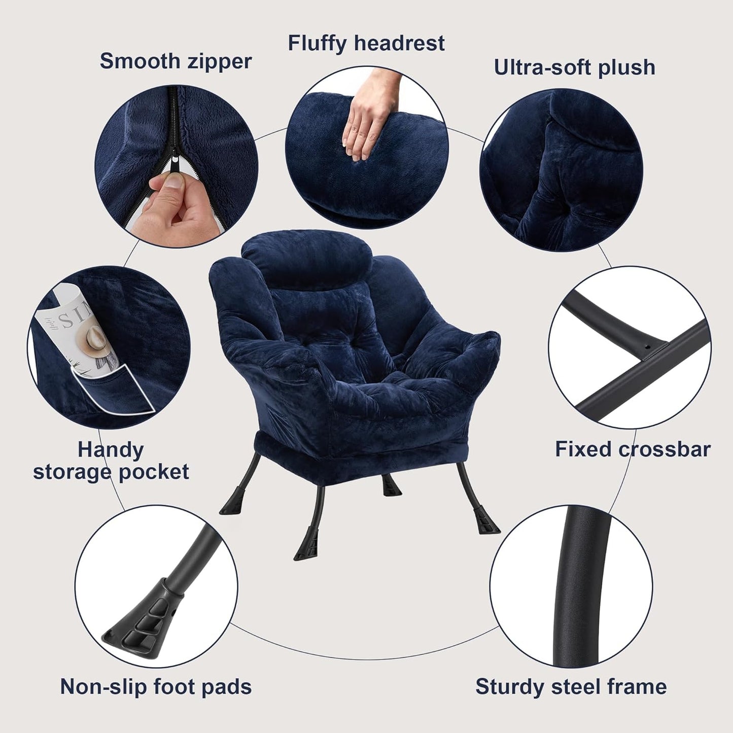 Fabric Lazy Chair for Adults, Oversized Upholstered Sofa Chair, Plush Comfy Lounge Chair with Large Side Storage Pocket, Thick Padded Reading Chair for Living Room, Bedroom, Office, Navy Blue