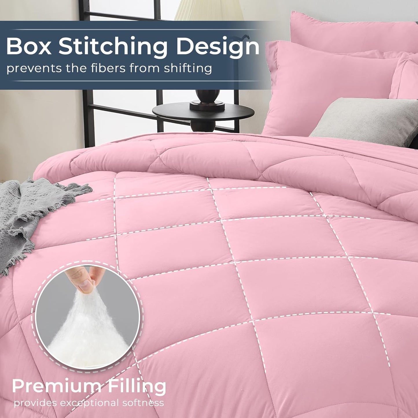 HEVUMYI Pink Queen Comforter Set - 7-Piece All Season Bed in a Bag Queen, Ultra Soft Bedding Set with Comforter, Flat Sheet, Fitted Sheet, Pillowcases, Pillow Shams, Pink