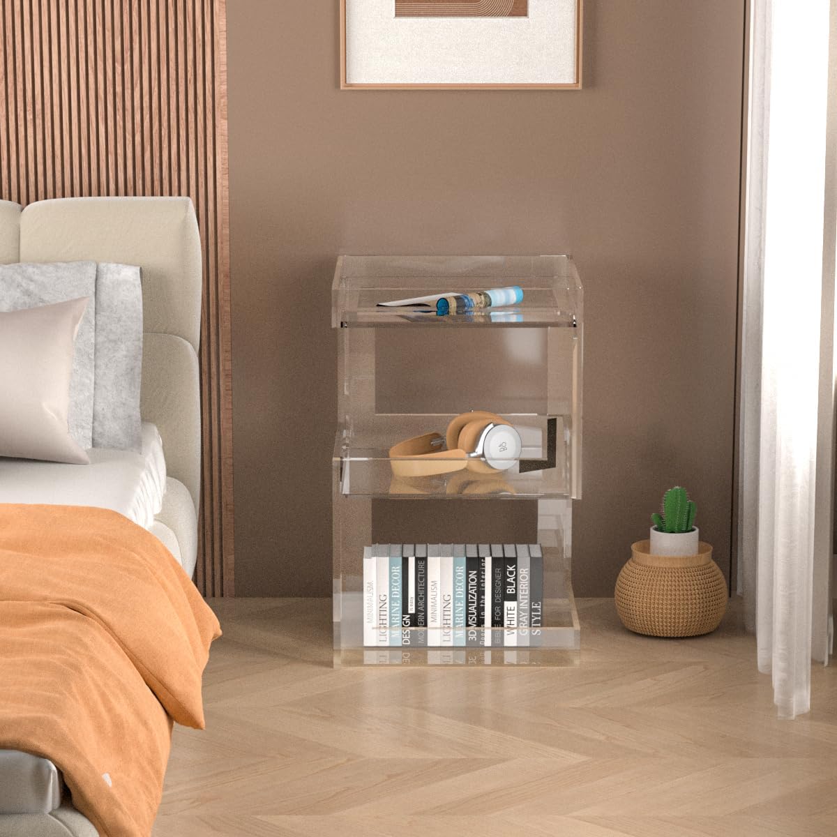 Acrylic Side Table Modern Side Table Clear Nightstand Assembly Required Storage Table for Living Room Bedroom