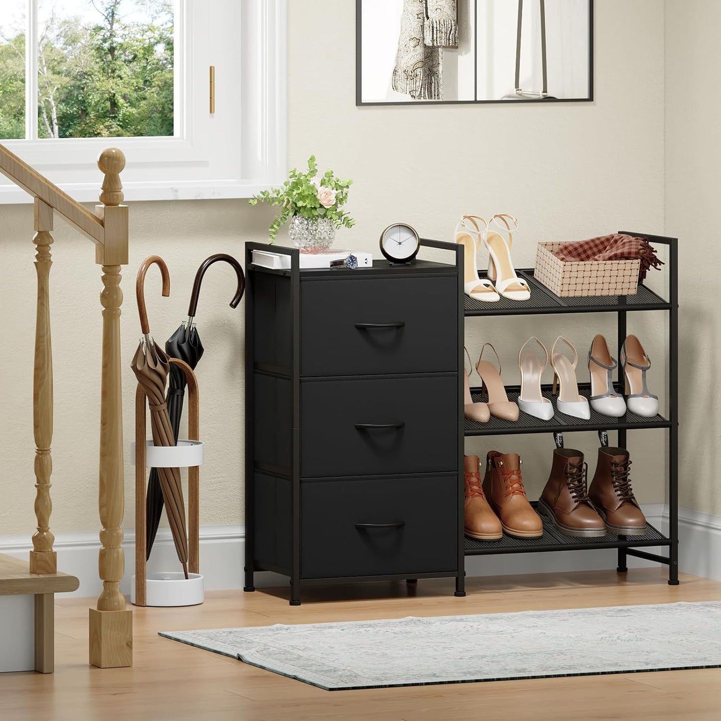 Somdot Shoe Rack, 3 Tier Shoe Organizer with 3 Drawers, Metal Shoe Storage Shelf for 6-9 Pairs of Shoes, Narrow Shoe Rack for entryway, Black