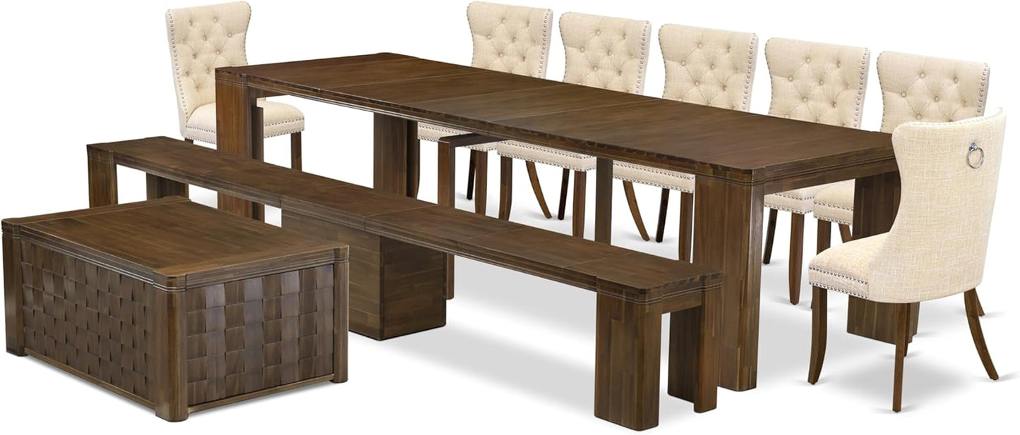 X07DA-BC8-32 10-Pc Kitchen Table Set includes an Extendable Rectangle Kitchen Table, 1 Coffee Table, 7 Polyester Dining Chairs and 1 Bench, 39x120 Inch, Antique Walnut