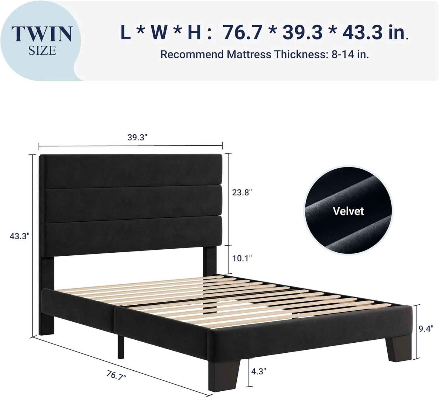 Allewie Twin Size Platform Bed Frame with Velvet Upholstered Headboard and Wooden Slats Support, Fully Upholstered Mattress Foundation/No Box Spring Needed/Easy Assembly, Black