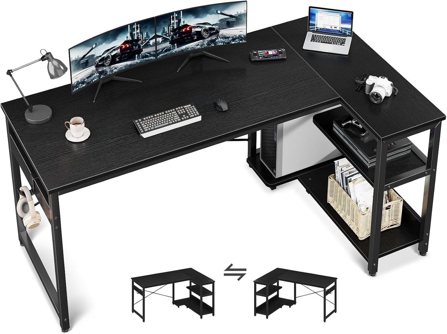 Casaottima L Shaped Computer Desk, 55 Inch Small Corner Desk with Storage Shelves & PC Stand, Reversible Gaming Desk for Bedroom, Modern Writing Study Table for Home Office, Black