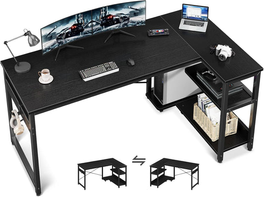 Casaottima L Shaped Computer Desk, 55 Inch Small Corner Desk with Storage Shelves & PC Stand, Reversible Gaming Desk for Bedroom, Modern Writing Study Table for Home Office, Black