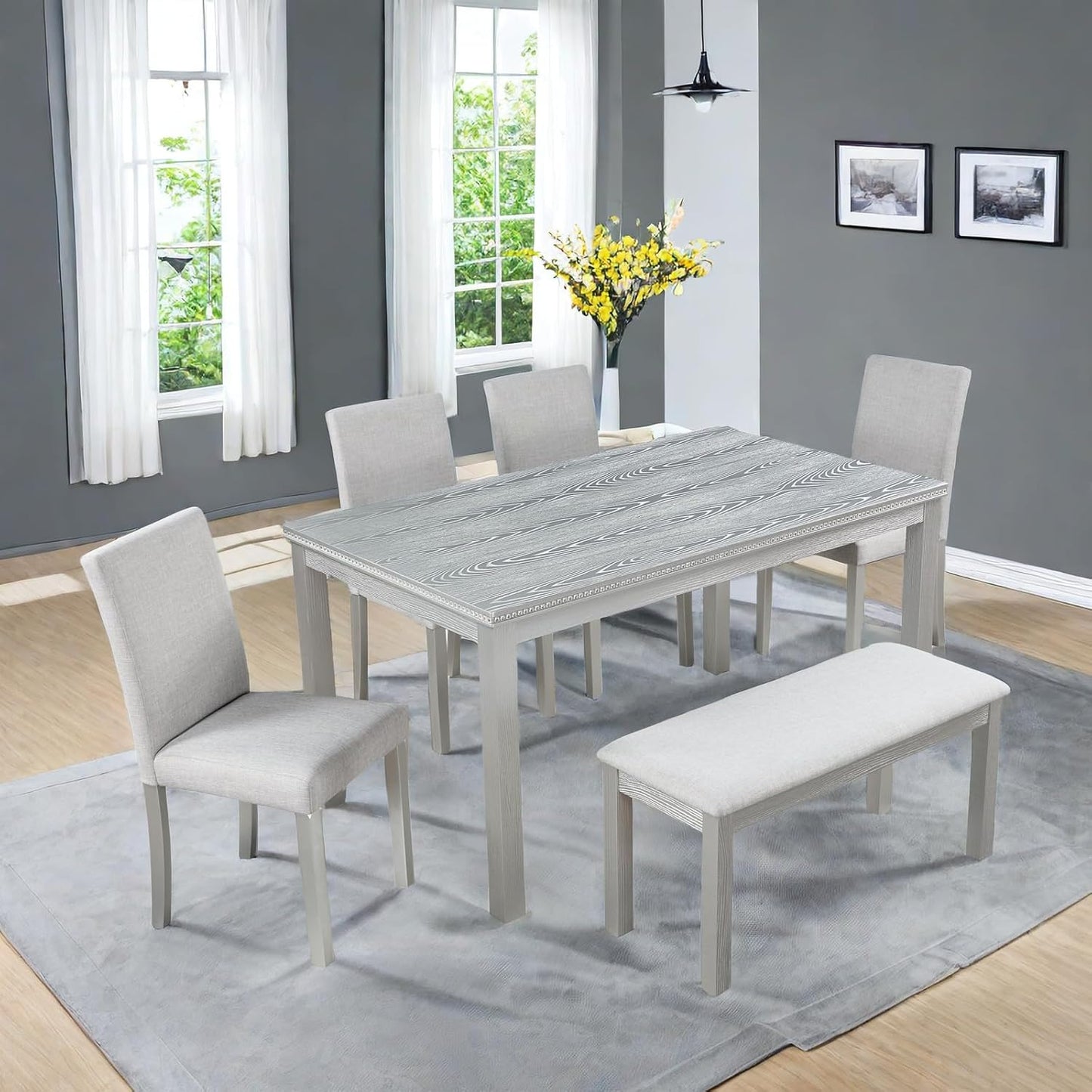 Dining Table Set, 6-Piece Kitchen Table & Chair Set with Rectangular Crystal Decoration & 4 Upholstered Chairs & a Bench, Wooden Dining Set, Silver Gray