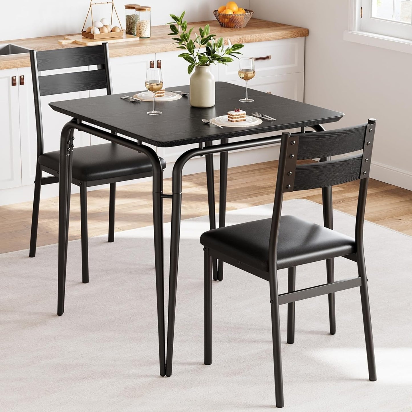 Dining Table Set for 2, Space-Saving Square 3-Piece Dinette with 2 Chairs, Modern Kitchen Furniture for Small Spaces & Apartments
