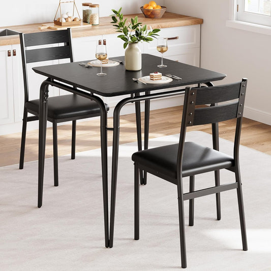 Dining Table Set for 2, Space-Saving Square 3-Piece Dinette with 2 Chairs, Modern Kitchen Furniture for Small Spaces & Apartments