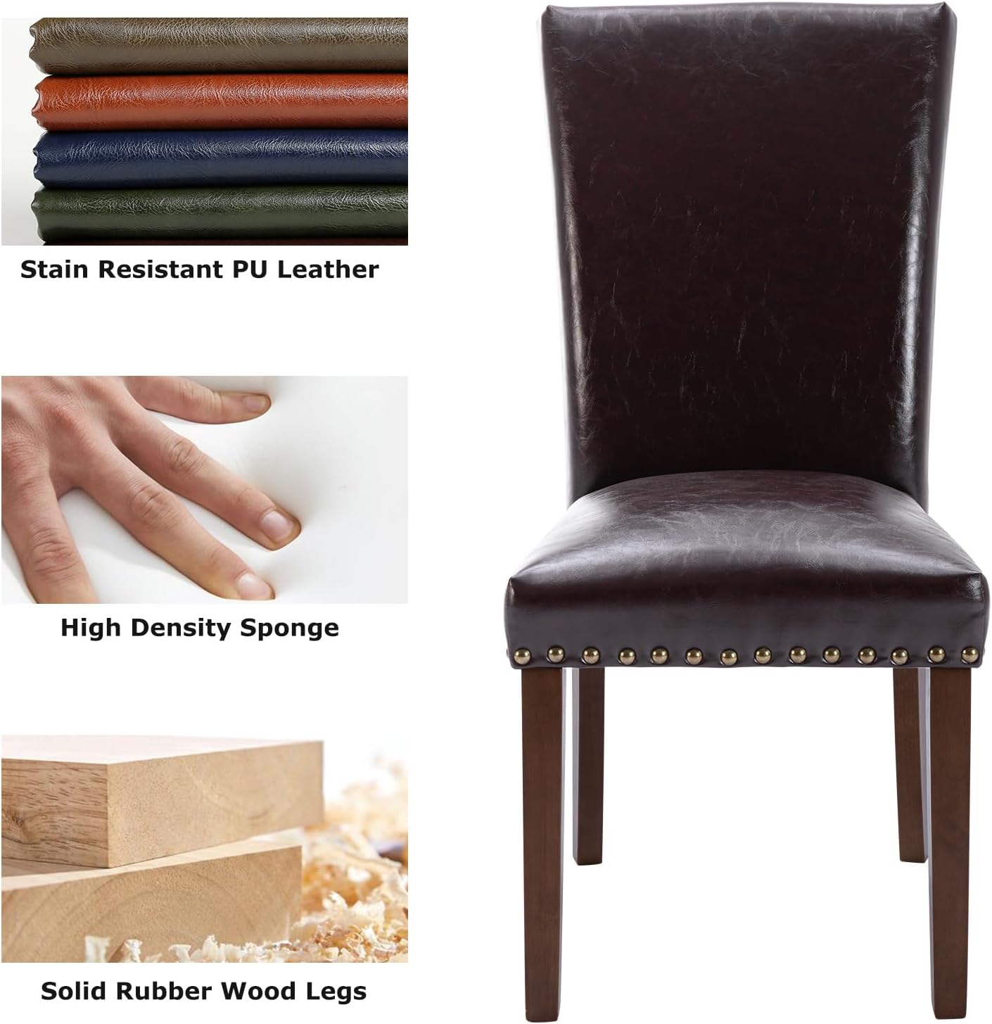 COLAMY Upholstered Parsons Dining Chairs Set of 6, PU Leather Dining Room Kitchen Side Chair with Nailhead Trim and Wood Legs - Dark Brown