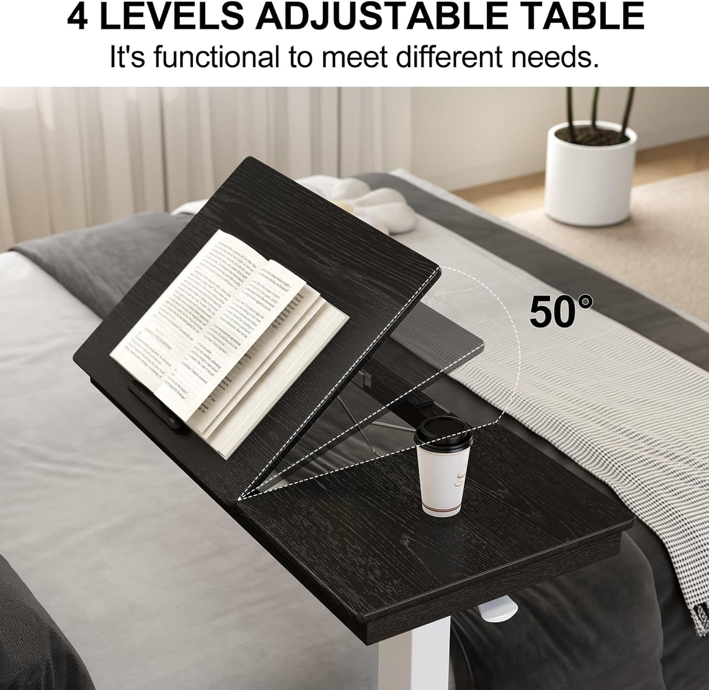 Solid Wood Overbed Bedside Table with Wheels,Tilt Top Hospital Bed Table Adjustable Over The Bed,Rolling Bed Desk for Hospital and Home Use (Black)