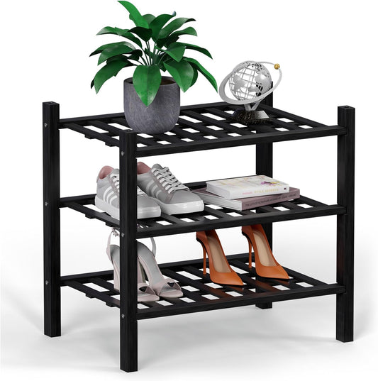 Haddockway small 3 Tier Bamboo Shoe Rack Storage Organizer, Multifunctional Free Standing Stackable Shoe Shelf with Grid Panel for Closet,Hallway,Entryway,Small Space 18"x11"x17"(Black, 3-Tier(Small))