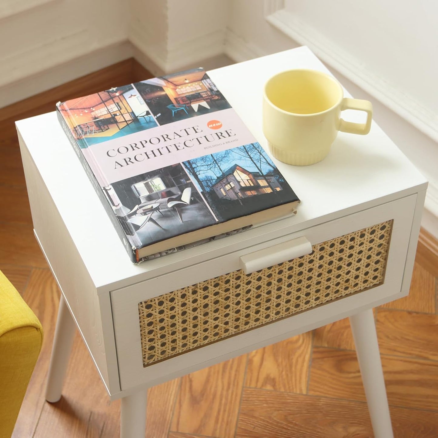 AWASEN White Rattan Nightstand, Modern Bedside Table with Rattan Drawer, End Table with Storage and Solid Wood Legs for Bedroom Living Room Small Space (White)