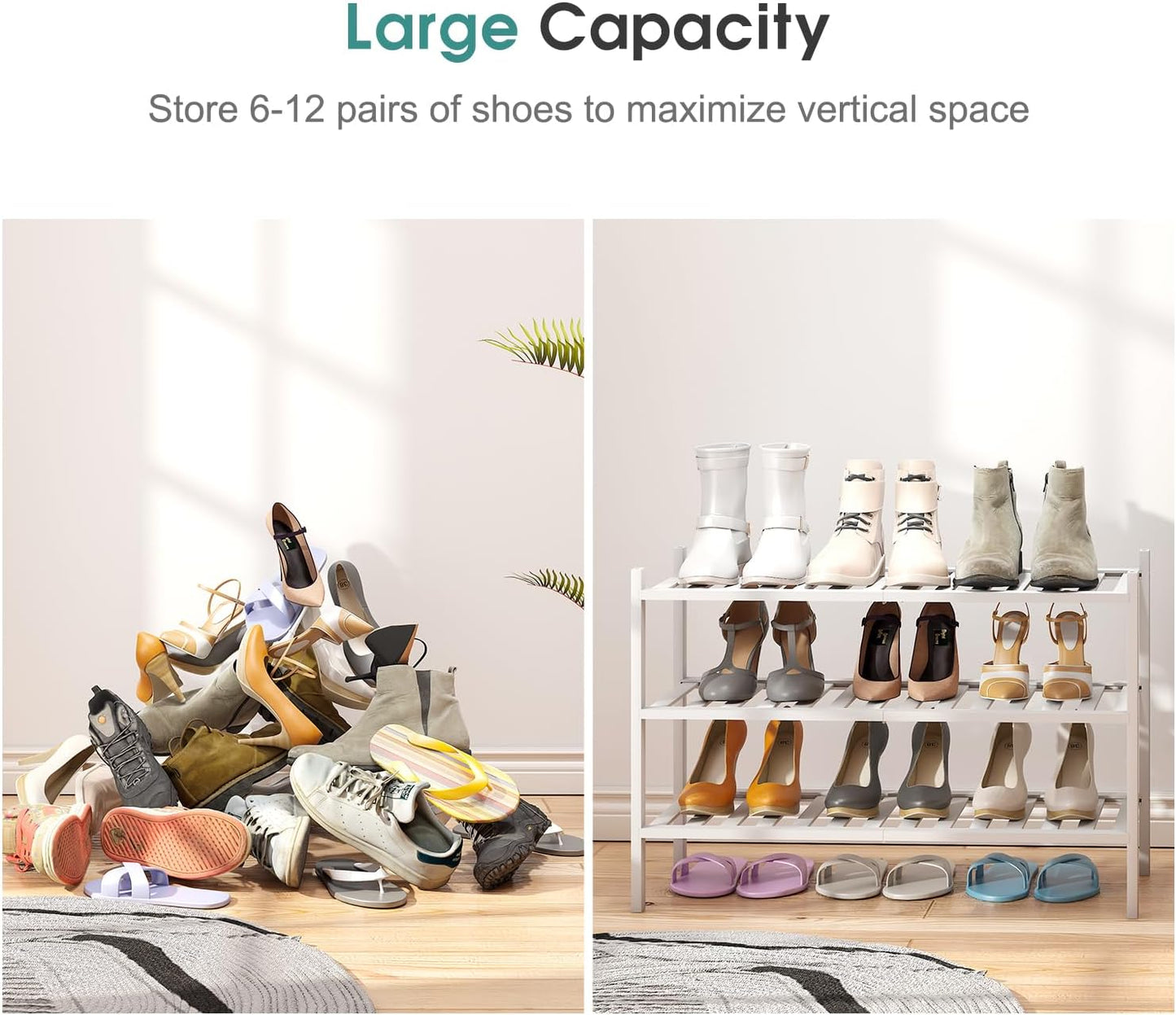 White Shoe Rack, 3-Tier Bamboo Wood Shoe Rack for Closet, Entryway & Hallway, and Stackable Shoe Shelf Storage Organizer for Indoor and Outdoor