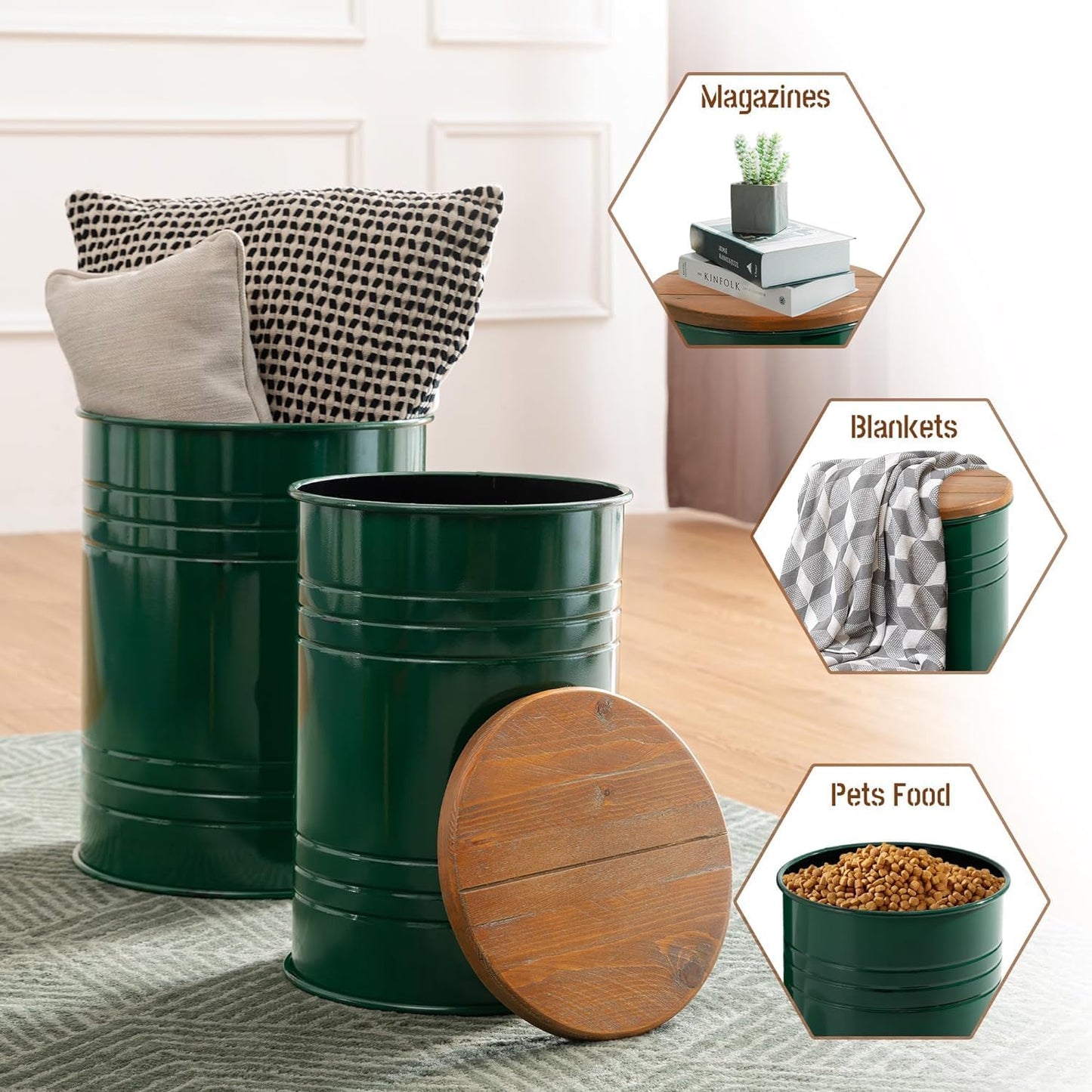 Glitzhome Farmhouse Accent Side Table, Metal Storage Stool Ottoman with Round Lid - Galvanized Coffee Cocktail End Tables Set of 2 for Living Room Bedroom, Hunter Green