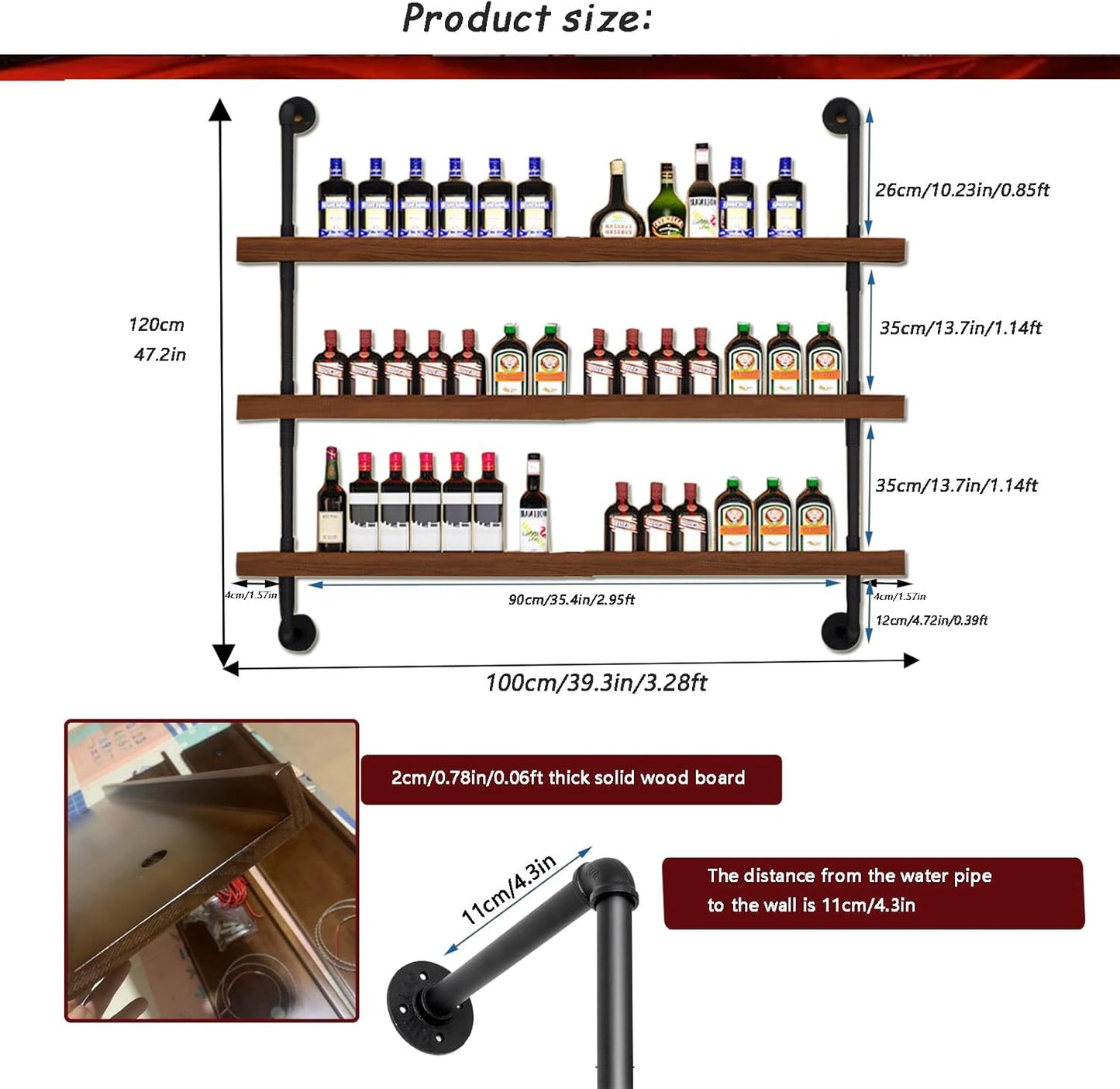 39.7in Large Wine Rack with LED Light Solid Wood Wall Mounted Wine Rack, 3-Tiers Liquor Bottles Floating Shelves Display Storage Organizer for Home Bar & Dining Room (100cm/39.7in)
