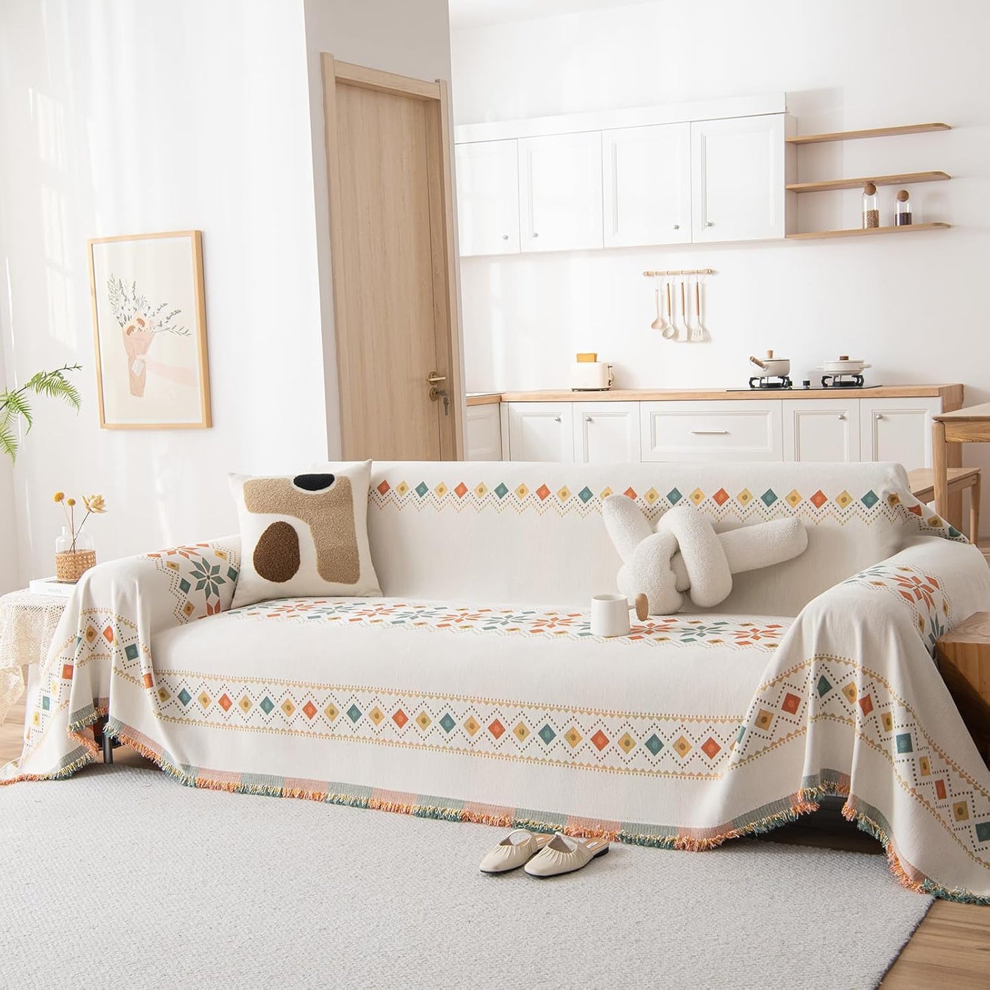 STACYPIK Thick Boho Beige Sofa Cover, Jacquard Chenille Couch Cover for Sectional, Non-Slip Geometric Furniture Protector for 3 Cushion Couch, L Shaped Sofa Cover Decorative Sofa Slipcover-71X134IN