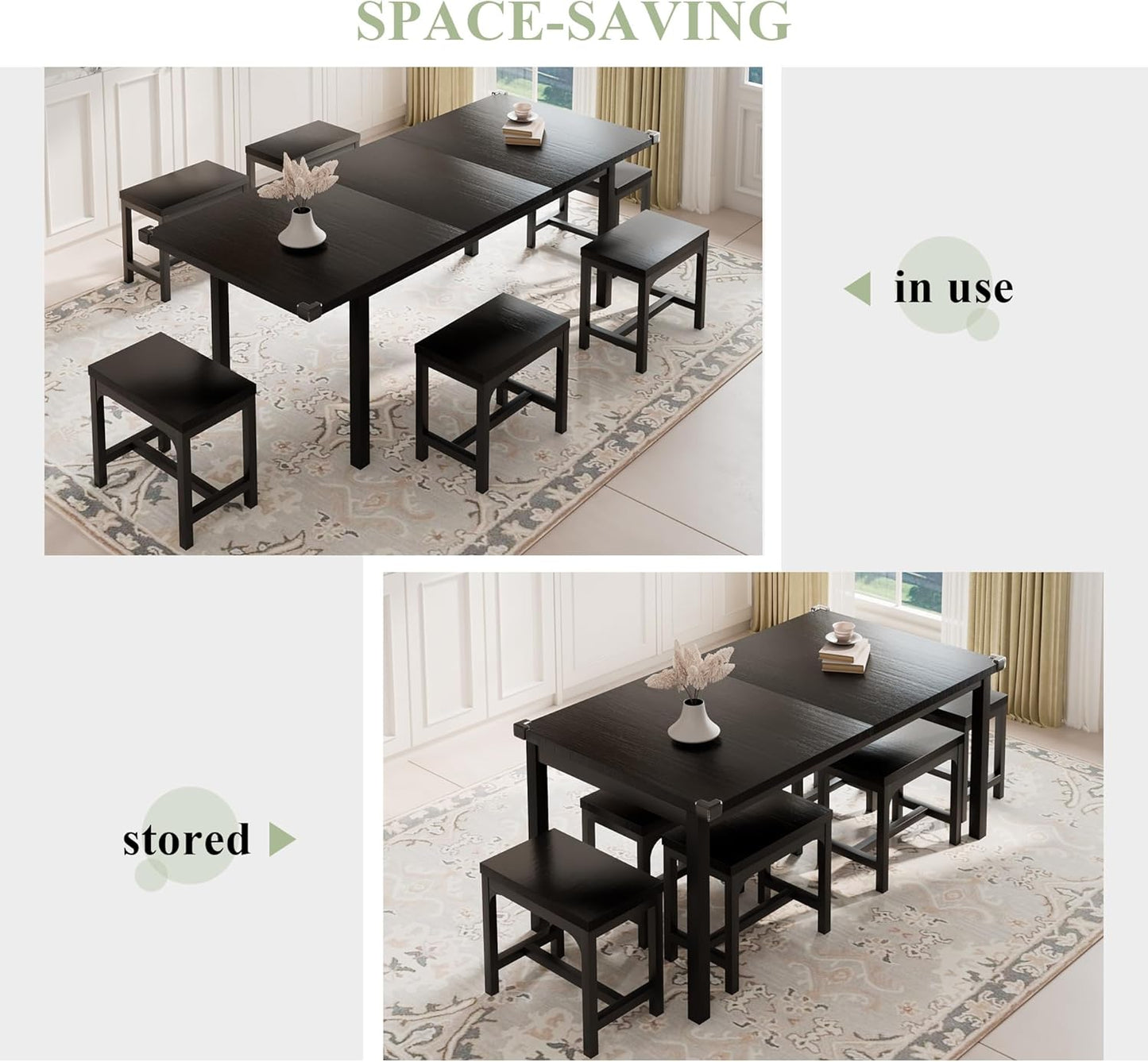 Feonase 7-Piece Dining Table Set for 4-8, 63" Large Extendable Kitchen Table Set with 6 Stools, Modern Dining Room Table with Heavy-Duty Frame, Easy Assembly, Black