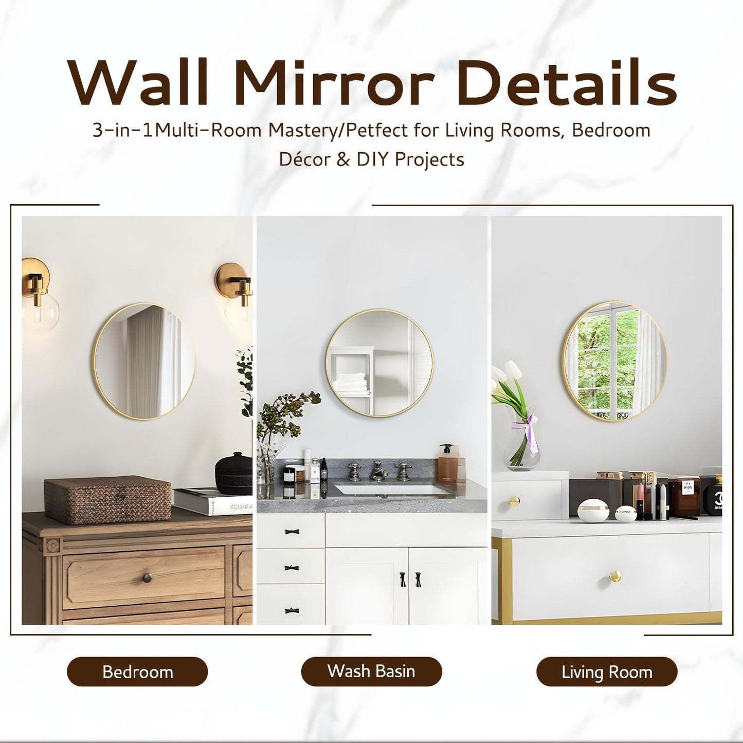 12 Inch Gold Round Bathroom Mirror Circle Wall Mirrors Brushed Metal Frame Anti-Rust Tempered Glass Mirror for Bathroom Bedroom Entryway Living Room