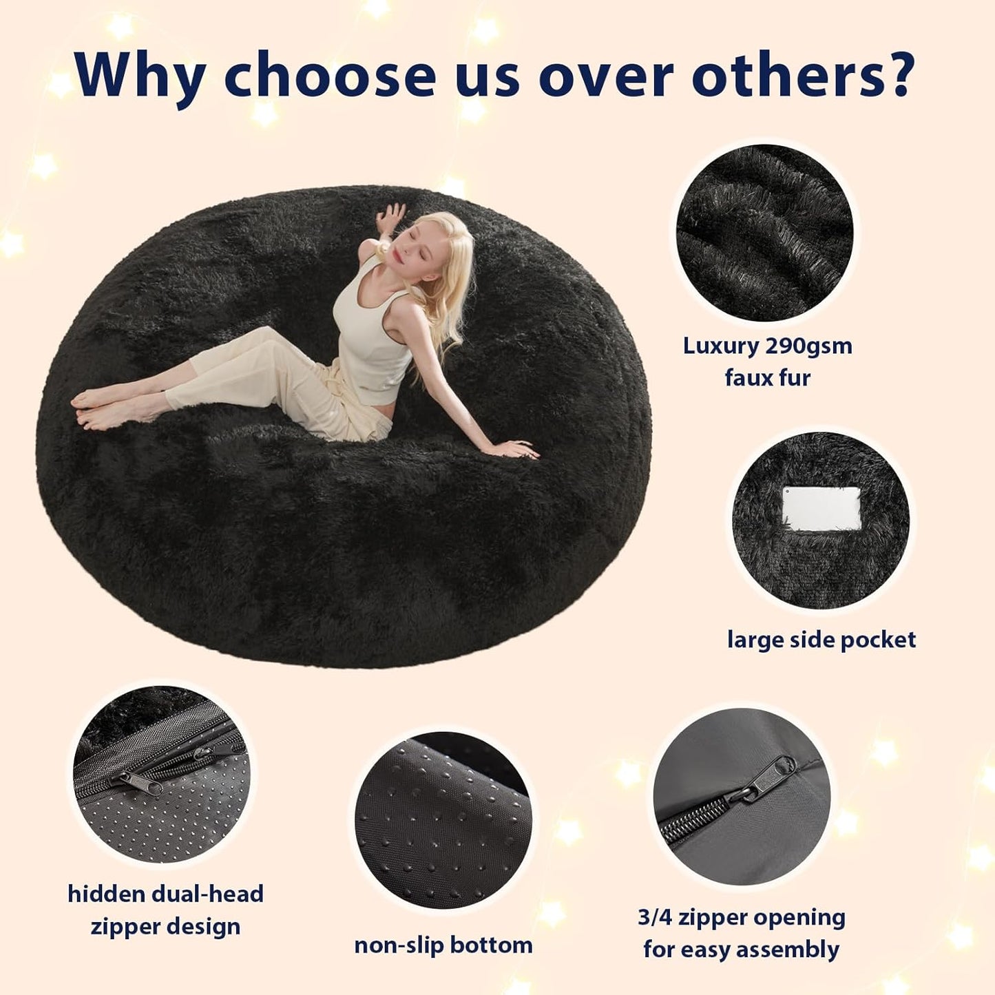 Bean Bag Cover(No Filler), Fluffy Beanbag Chairs Cover Only, Stuffed Animal Storage Bean Bag, Washable Lazy Sofa Beanbag Cover without Filler, 6FT, Black