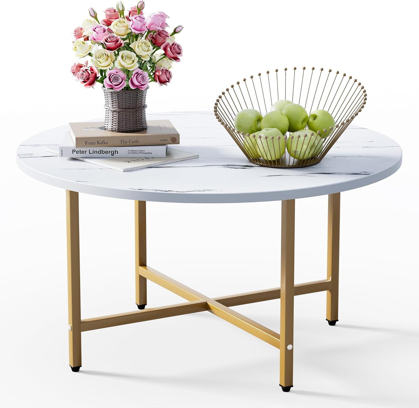 Coffee Table, 23.6" Coffee Tables for Living Room, Round Coffee Table with Metal Frame, Floor Table for Sitting on The Floor, Home, Office, White & Gold Legs